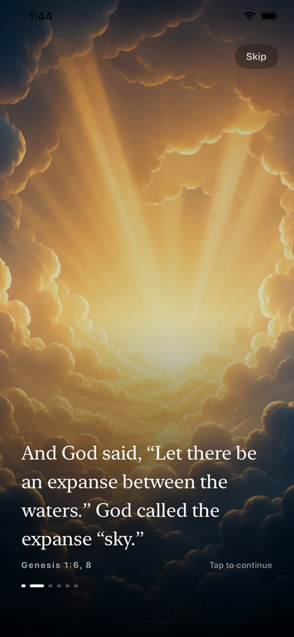 A guided session on the creation story: Genesis 1:6, 8 set in white type across golden clouds parted by shafts of light.