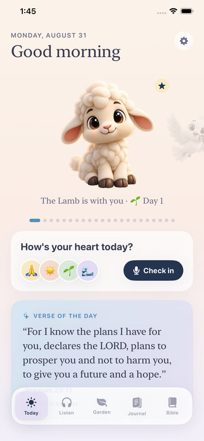 Embark Bible on iPhone: a “Good morning” greeting, a lamb standing in the carousel of gathered companions, a “How's your heart today?” check-in, and the verse of the day from Jeremiah 29.