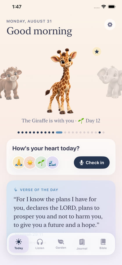 The Today tab: a giraffe centred in the carousel of collected friends, above a “How's your heart today?” check-in and the verse of the day.