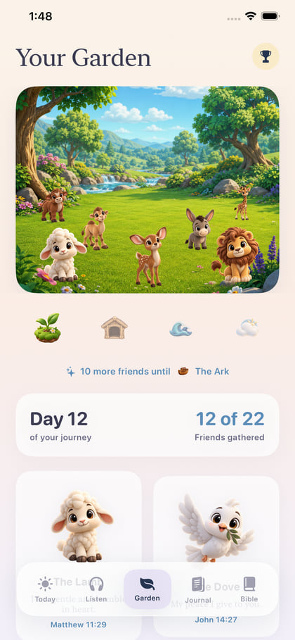 The garden screen: a lamb, camel, deer, donkey, lion, calf and giraffe gathered on a meadow by a stream, above a Day 12 progress card reading 12 of 22 friends gathered.