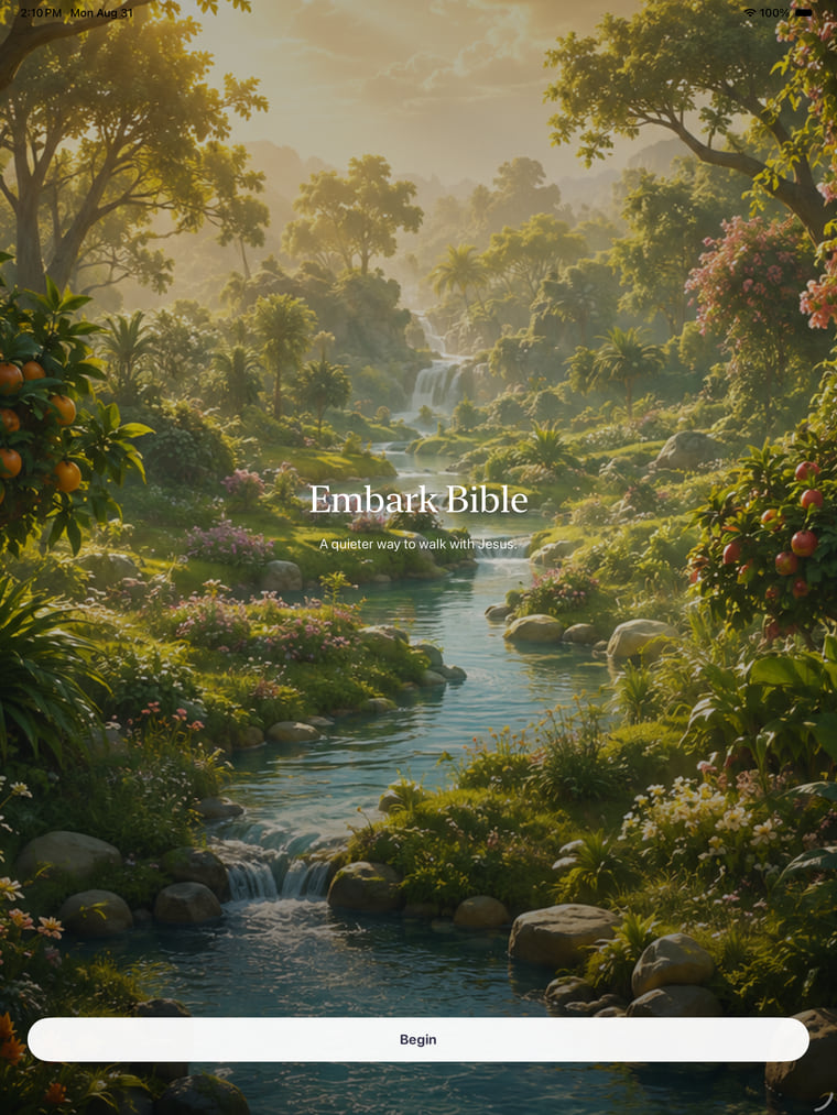 Embark Bible on iPad, showing the title card over a river running through a green valley.
